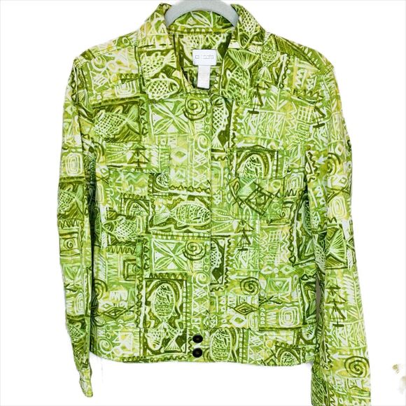 Chico's Jacket Green White Tribal Fish Print Chico Size 1 = Medium 8 Art to Wear - Picture 1 of 7